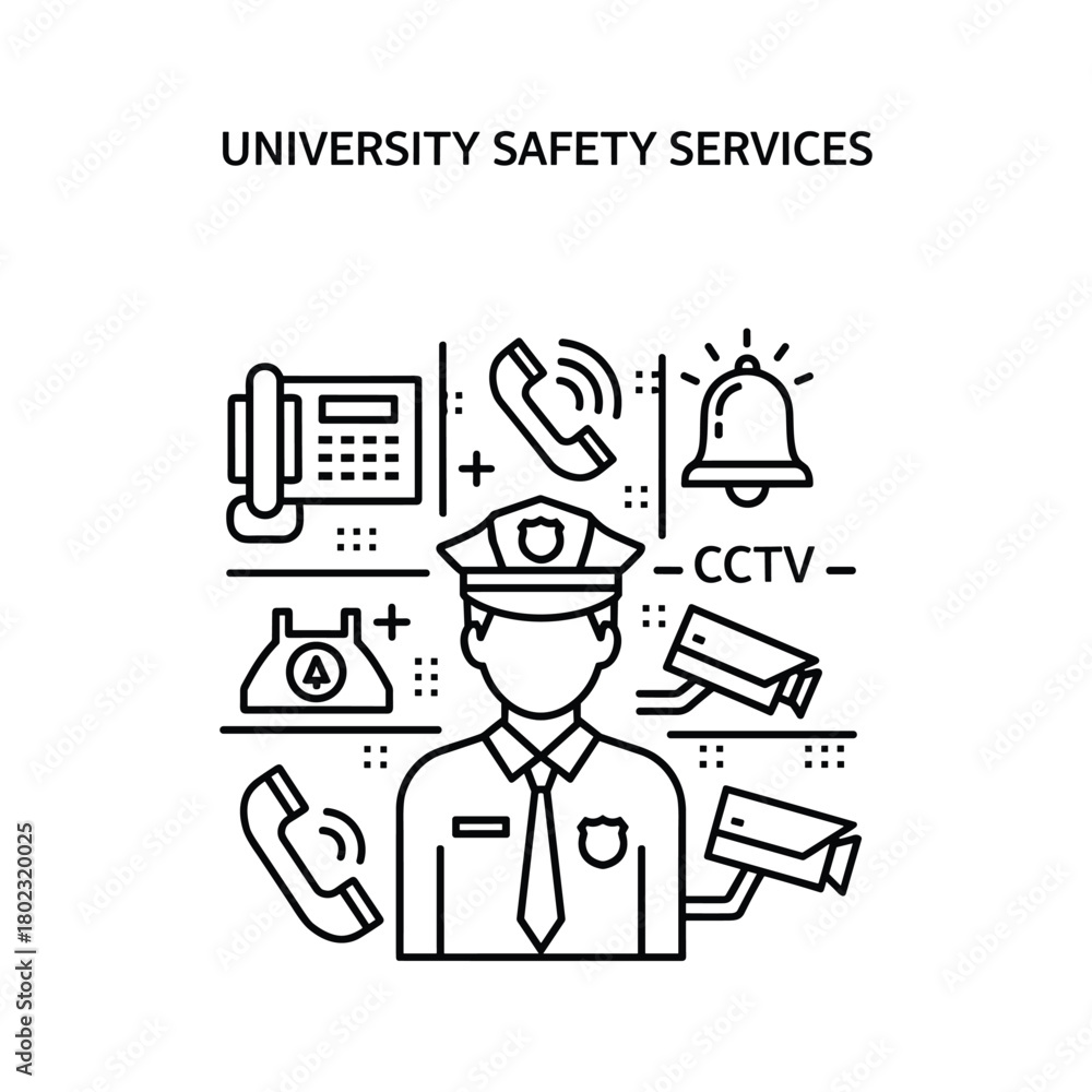 Fototapeta premium University campus safety and security services, officer with cctv, communication, and alarm system outline icon.