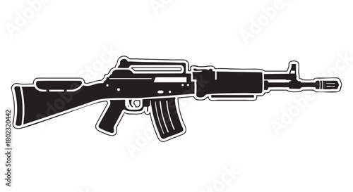 Black and White Vector Illustration of an Assault Rifle with Detailed Features and Outlines