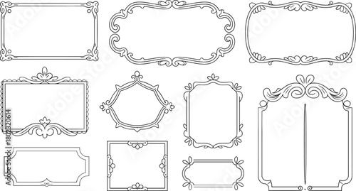 Vintage decorative frame and border collection with elegant floral patterns, classic ornamental line art design for invitations and labels