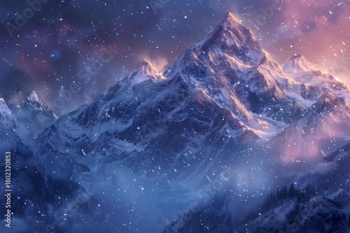 Snowflakes gently falling on a majestic mountain range at sunset, creating a serene and magical winter wonderland