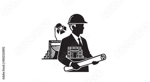 Silhouette of a construction manager or engineer in a hard hat holding blueprints, overseeing a stage or building project with a spotlight