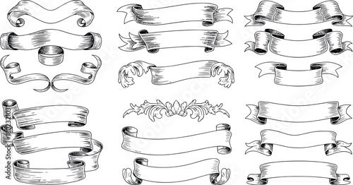 Vintage engraving style ribbon banner illustration set with curled decorative scrolls and classic hand drawn ornamental design elements