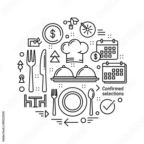 Restaurant, catering and event management service icons; reservation, menu planning, dining experience outline vector.