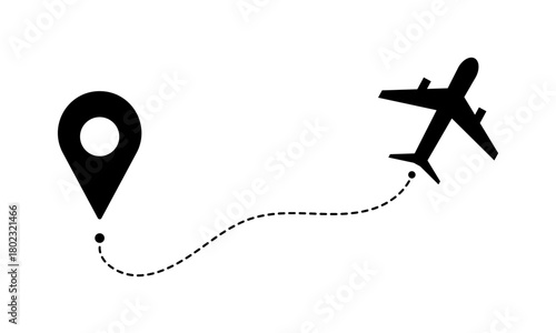 Airplane travel route with map pins and GPS points featuring aircraft icons and a dotted flight path for navigation design.