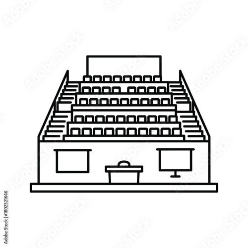 Auditorium or lecture hall line icon with tiered seating, stage, podium, monitor, and projection screen
