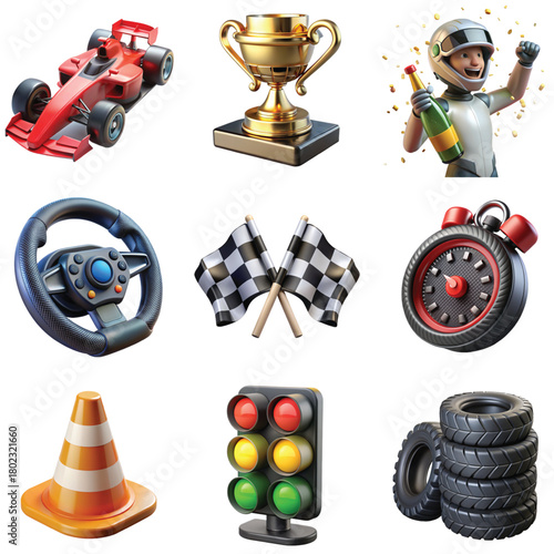 Collection of 3d racing icons including checkered flags, trophy, racing car, perfect for sports graphics and winner concepts