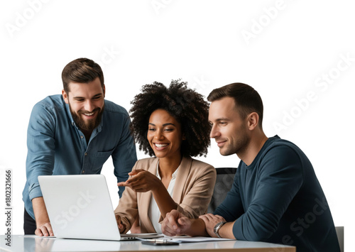 Successful business team, three young business people working together with laptop isolated on white or transparent background