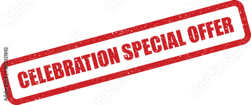 A rectangular red rubber stamp impression with Celebration Special Offer text diagonally positioned on a white field