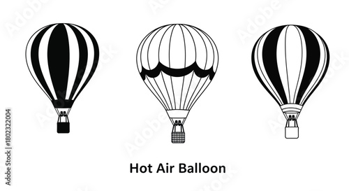 Three black and white hot air balloons displayed in a simple illustration