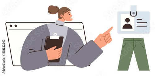 Woman with clipboard pointing at an ID badge and pair of green pants. Ideal for identification, organization, HR processes, work uniform, employee management, professional attire, simple flat