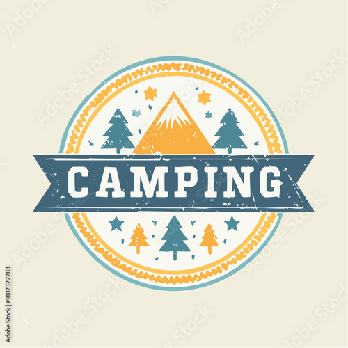 Distressed retro camping badge featuring mountain pine trees stars and wavy border.