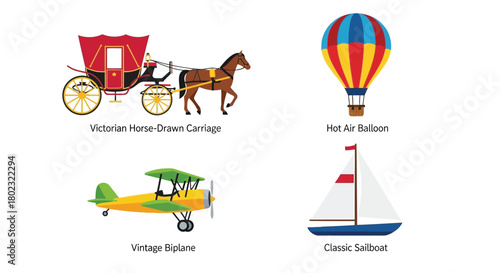 Vintage transportation icons horse carriage hot air balloon airplane and sailboat
