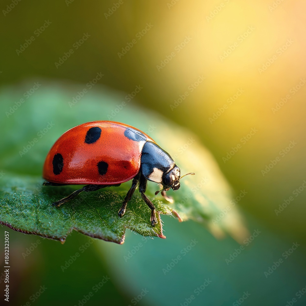 Fototapeta premium Ladybug on a leaf, bathed in golden sunlight