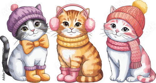 Watercolor illustration of three cute winter cats wearing hats, scarves, and boots in cozy seasonal outfits with adorable expressions