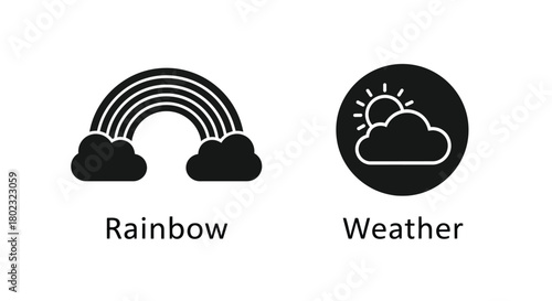 Simple black and white icons depicting a rainbow and cloudy weather