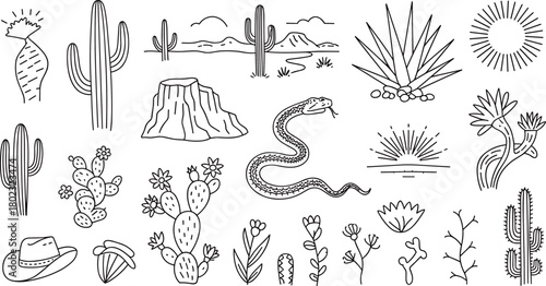 Western desert line art collection with cactus, snake, cowboy hat, mountains, flowers, and sun vintage hand drawn illustration