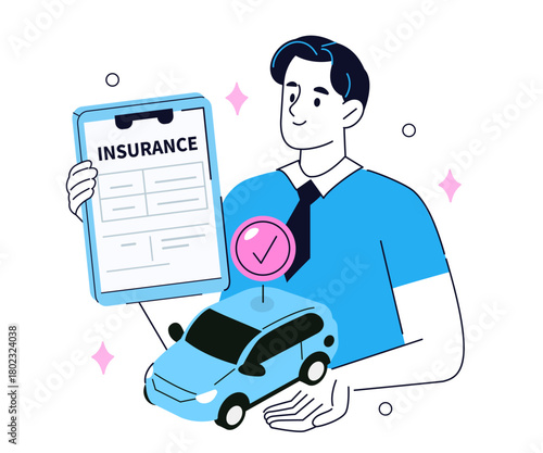 Character showing rental or leasing car and holding auto insurance policy form. Vehicle safety, assistance and protection concept. Outline vector illustration.
