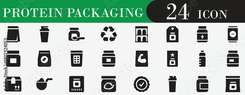 Protein, supplement, nutrition, fitness, gym, muscle, whey, creatine, bottle and packaging icons for health, workout and bodybuilding design