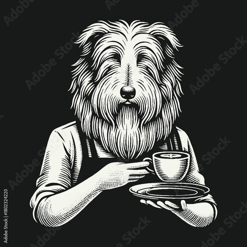 Anthropomorphic Shaggy Dog Barista Serving Coffee Illustration.