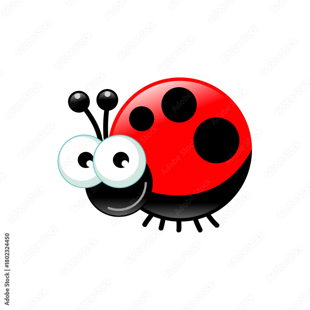 Fototapeta premium Cute red ladybug insect with big eyes and black spots, playful and friendly illustration