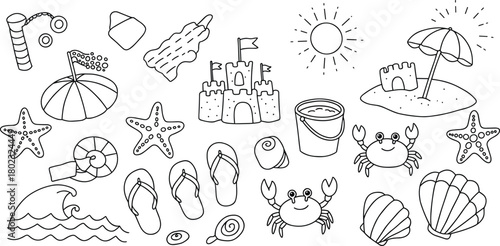 Black and white line art collection of beach and summer vacation elements sandcastle