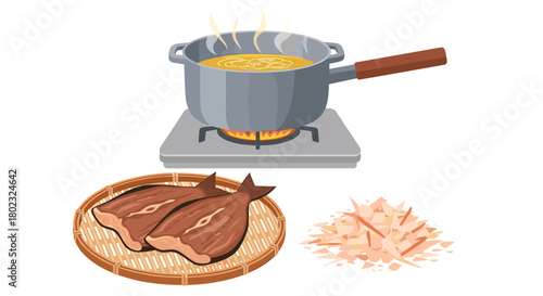 Traditional japanese dashi broth preparation with kombu kelp and katsuobushi bonito flakes simmering in a pot on a stove top, culinary arts.