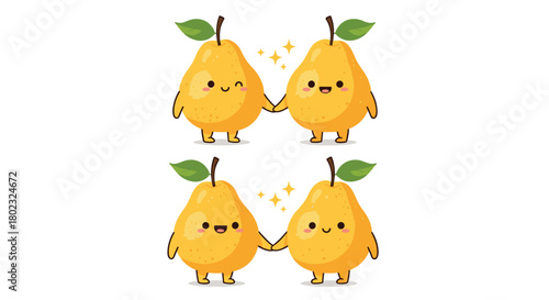 Adorable cartoon pears holding hands, showcasing friendship and sweetness in a playful illustration, perfect for cheerful designs and positive concepts.