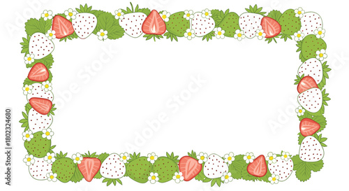 A delightful rectangular frame adorned with vibrant strawberries, delicate white flowers, and lush green leaves creates a sweet and summery border design.