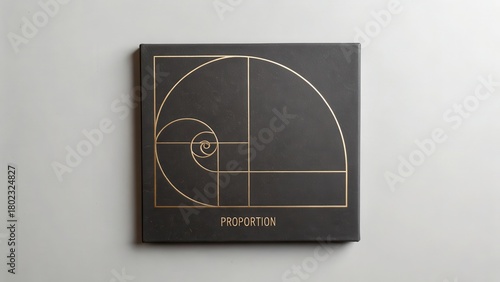 A dark square canvas featuring the golden ratio spiral in gold lines, with the word PROPORTION below.