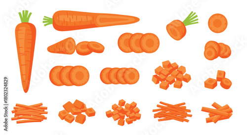 Assorted carrot preparations in a colorful flat lay arrangement, showcasing whole, sliced, diced, and julienned forms for culinary use.