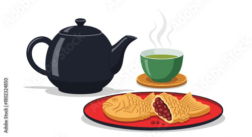A traditional japanese tea service featuring a black teapot, green tea in a cup, and taiyaki fish-shaped cakes on a red plate.
