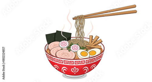 A vibrant illustration of a steaming bowl of ramen with pork, egg, nori, and noodles, presented with chopsticks, showcasing Japanese cuisine and comfort food.
