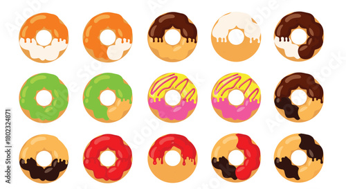 A colorful assortment of glazed and frosted donuts arranged in a grid pattern, showcasing various flavors and toppings for sweet treat inspiration.