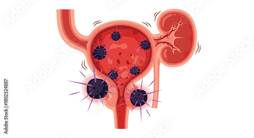 Illustration depicting urinary tract infection with inflamed bladder and kidney, showing bacterial presence and discomfort, medical imagery.