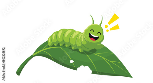A cheerful green caterpillar happily munches on a vibrant leaf, showcasing a playful illustration of nature and growth in a delightful scene.