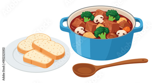 A hearty beef stew in a blue pot with slices of bread and a wooden spoon, perfect for a comforting meal or illustration of home cooking.