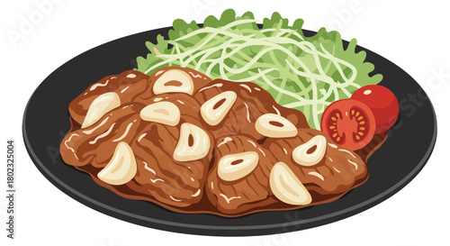 A vibrant plate of Japanese ginger pork, or shogayaki, is presented with a side of fresh cabbage salad and a sliced tomato, offering a delicious and healthy meal.