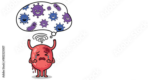Cartoon illustration depicting a sad, inflamed heart being attacked by menacing virus characters emitting signal waves, symbolizing illness and infection.