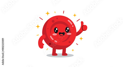A cheerful cartoon red blood cell character is giving a thumbs up with sparkling stars around it, representing health and vitality.
