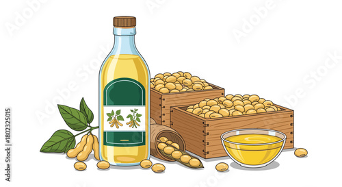 A still life composition featuring soybean oil in a bottle alongside fresh soybeans in wooden crates and a bowl, illustrating a natural food source and agricultural product.