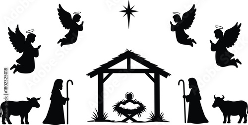 Black silhouette nativity scene with angels and star Christmas white background