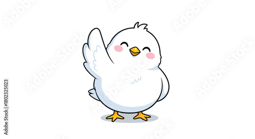 Adorable cartoon white bird cheerfully waving its wing, a delightful illustration perfect for children's content, springtime themes, or positive messaging.