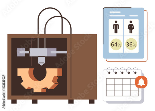 3D printer crafting orange gear, alongside a digital analytics report with gender stats and a calendar marked with notification. Ideal for technology, manufacturing, data analysis, planning