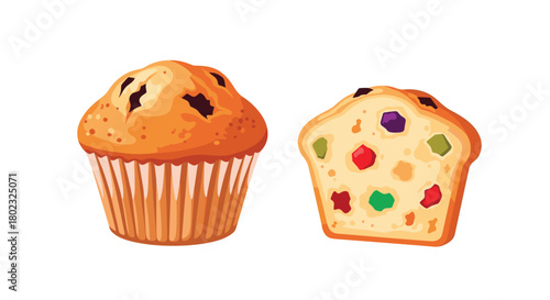 A colorful illustration depicts a freshly baked muffin alongside a cut half, showcasing its vibrant, speckled interior and appealing texture.