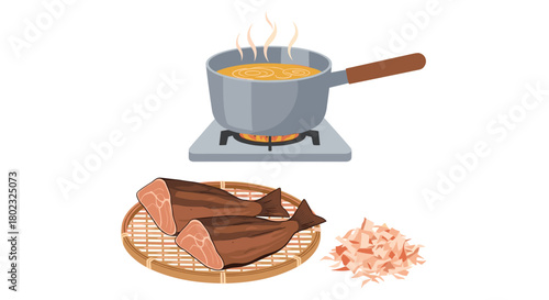 Preparing traditional Japanese dashi broth with kombu kelp and katsuobushi bonito flakes on a stovetop, showcasing the ingredients for a flavorful base for soups and sauces.