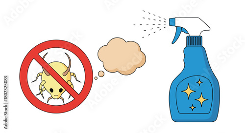 Illustration depicting pest control with a spray bottle targeting a scorpion, symbolizing eradication and protection against dangerous insects and arachnids.