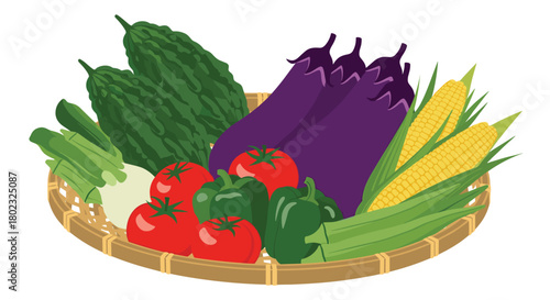 A vibrant assortment of fresh vegetables arranged in a woven basket, including tomatoes, eggplant, corn, bitter melon, bell peppers, and long beans, showcasing a healthy harvest.