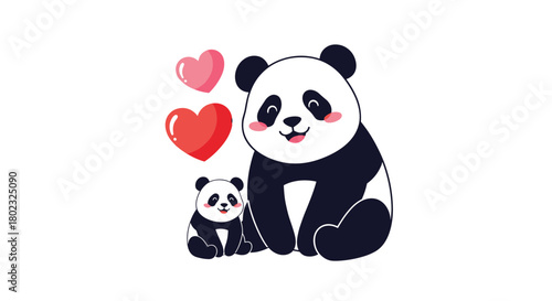 A heartwarming illustration depicts a mother panda lovingly gazing at her adorable baby panda, with two floating hearts symbolizing affection and family bonds.
