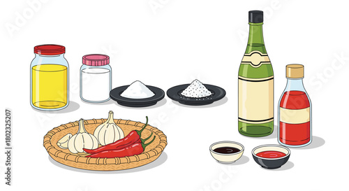 A colorful assortment of common cooking ingredients including oil, spices, vinegar, garlic, chili peppers, salt, and sauces, arranged on a white surface.
