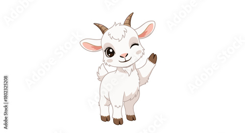 A charming cartoon goat waves cheerfully with a playful wink, showcasing a friendly and inviting illustration perfect for children's content or farm-themed designs.